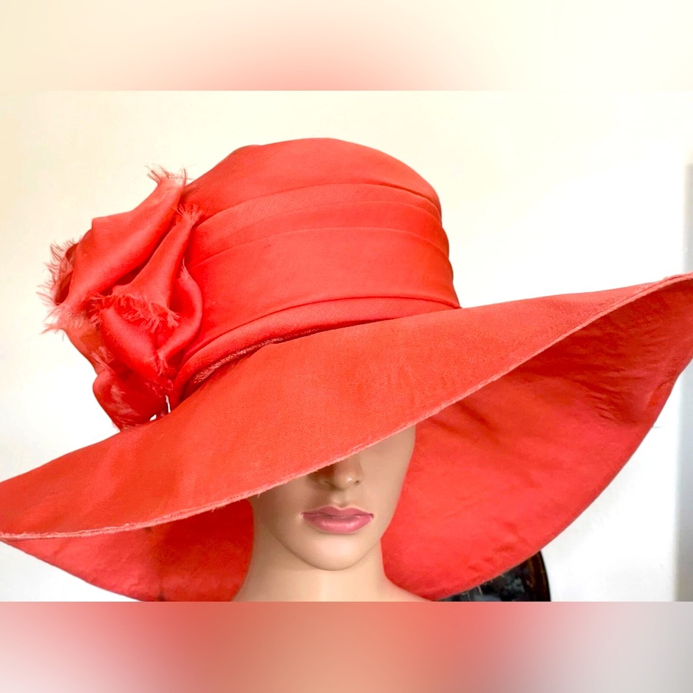 Suzanne Couture Millinery Chic Coral Women's Hat with Floral Accent Silk